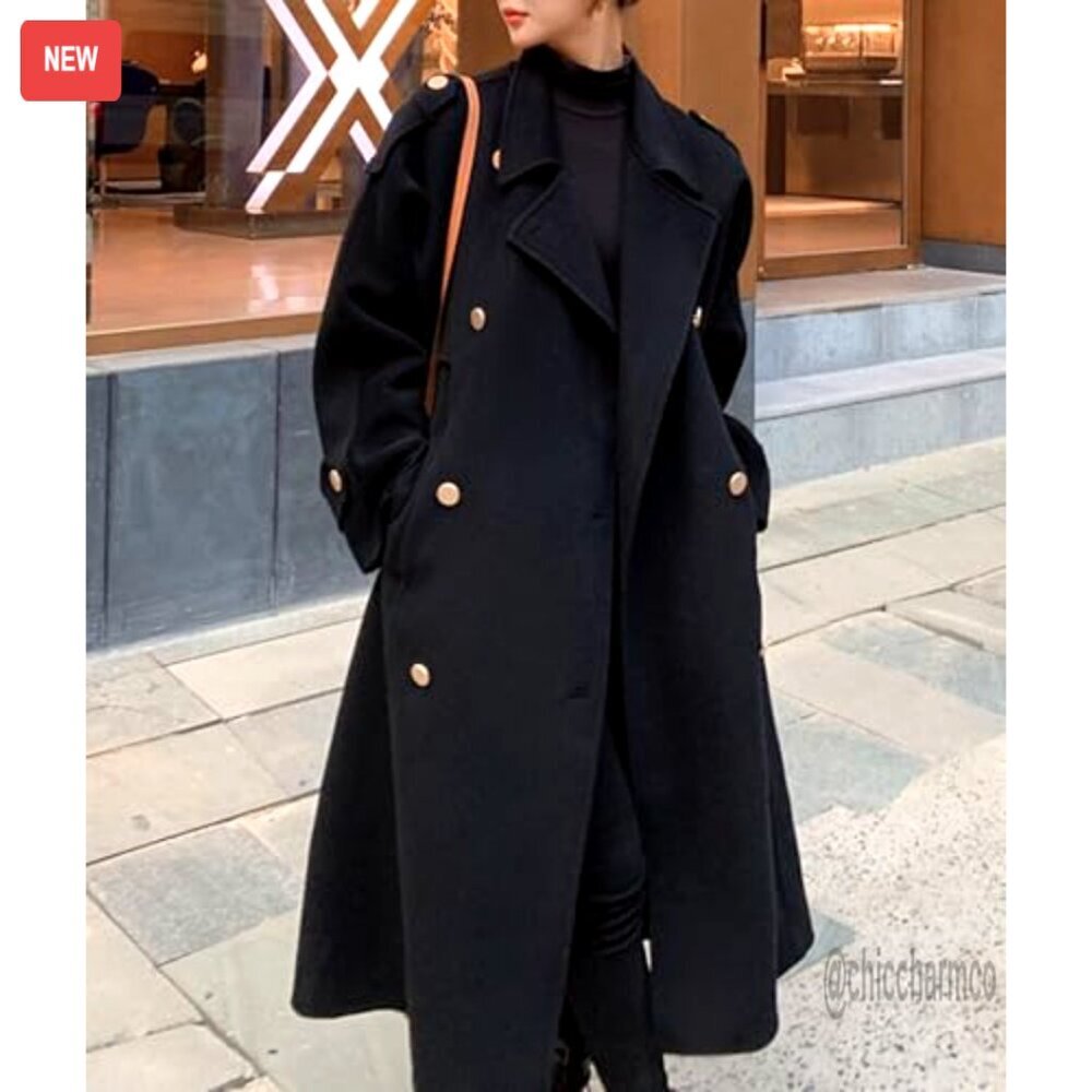 Women's Wool Blend Pea Coat Double Breasted Notch Lapel Long Sleeve Overcoat - Picture 5 of 6